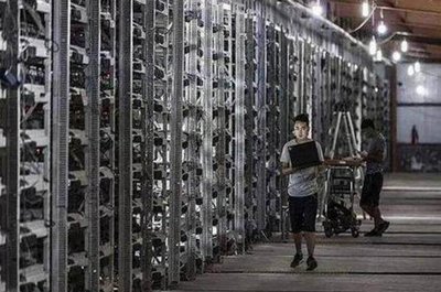 State-of-the-art cryptocurrency mining farm with rows of mining machines