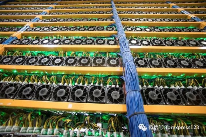A mining farm bustling with activity and advanced technology, highlighting energy efficiency and setup